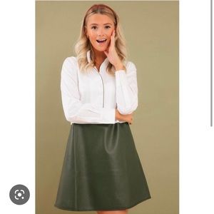 Tuckernuck shirt dress with green faux leather skirt and accents